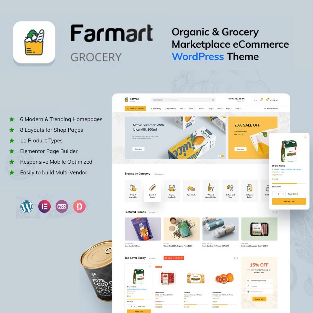 Farmart - Organic & Grocery Marketplace WordPress Theme $4.49